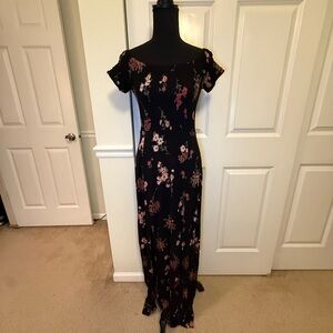 Express Black and Pink floral Off-the-Shoulder Maxi Dress